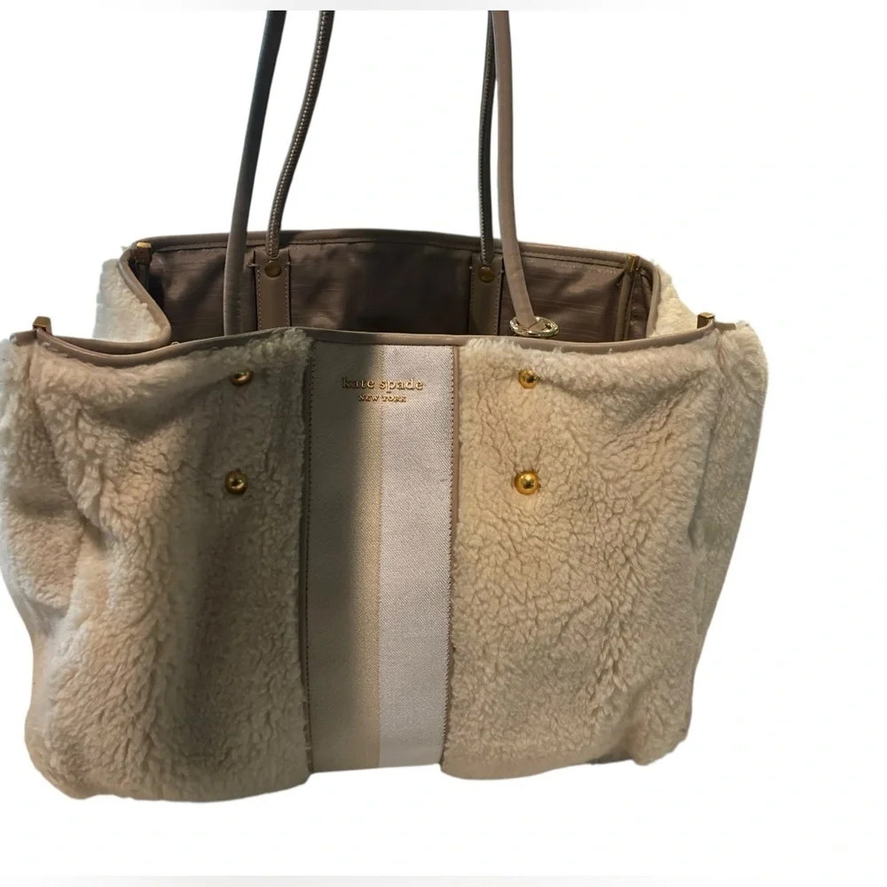 Kate Spade Everything Racing Stripe Faux Shearling Large Tote EUC - Picture 4 of 16